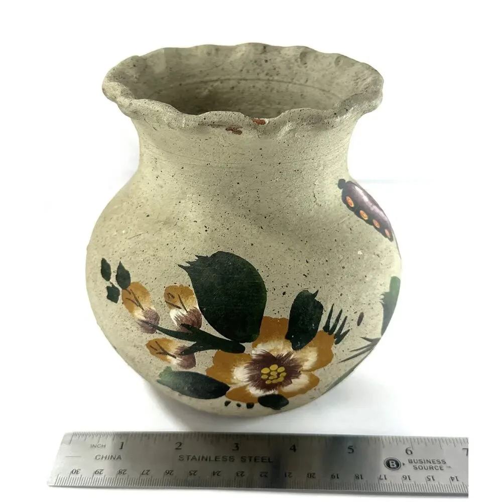 Vintage Hand Painted Pottery Vase Butterfly Floral Folk Art Scalloped Rim 6”